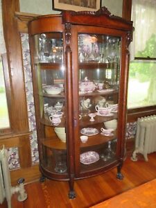 Antique Oak Curved Glass China Cabinet 4 Shelves Solid Oak Carvings 43 X 65 