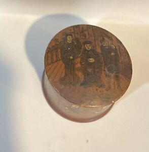 Antique Asian Hand Painted Lacquered Paper Mache Round Stamp Box W Musicians
