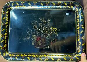 Old Antique Black Gold Tole Painted Stenciled Serving Tray Metal Tin Ivy Holly