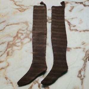Primitive Christmas Stockings Pair Dark Brown Tan Stripes Ticking Handmade