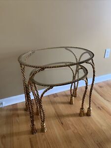 2 Vintage Wrought Iron Tassel Rope Hollywood Regency Stacking Nesting Tables