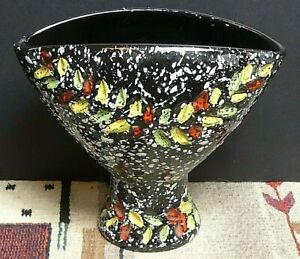 Mcm Raymor Bitossi Italy Mottled Black White Floral Ceramic Fan Vase Mint 