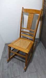 Vintage Rustic Country Colonial Maple Wood Cane Ladies Rocking Chair