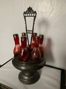 Antique Bohemian 6 Ruby Red Cut Glass Cruet Bottle Castor Set W Silver Caddy