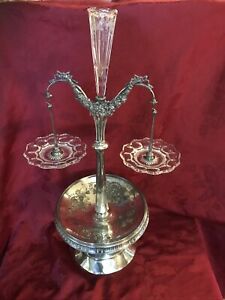 Antique Silverplate Glass Epergne Centerpiece 2 Hanging Dishes 1 Vase 26 5 
