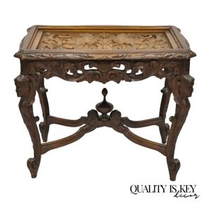 French Renaissance Figural Carved Walnut Parrot Bird Faces Small Coffee Table