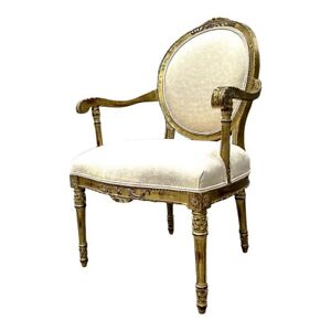 Vintage Louis Xvi Gold Gilt Carved Wood Upholstered Fauteuil French Arm Chair
