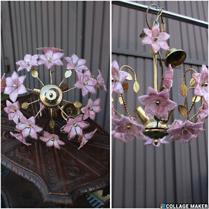 Vintage Italian Murano Glass Flower Pink Brass Chandelier Lamp 1970s