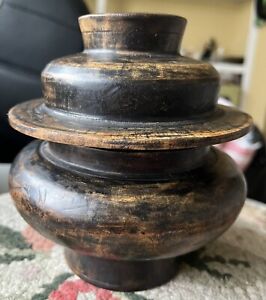 Antique Tibetan Burl Wood Tsampa Food Bowl With Lid 6 Tall