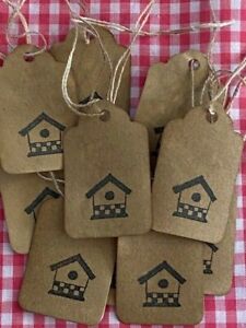 25 Xsmall Primitive Birdhouse Coffee Stained Stamped Spring Hang Tags Farmhouse
