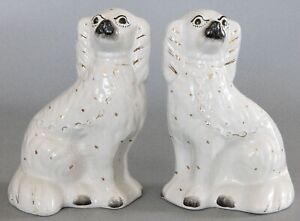Pair Of Antique 19th C English Staffordshire White Spaniel Dogs Figurines 10 H