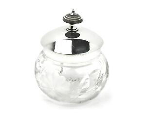 Silver Plate Top Etched Cut Chrystal Glass Vanity Boudoir Jar Slv244