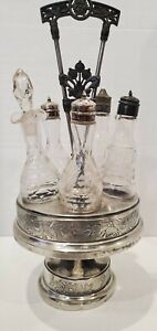 Antique Vintage Silverplate Castor Condiment Cruet Set 5 Bottles Stand