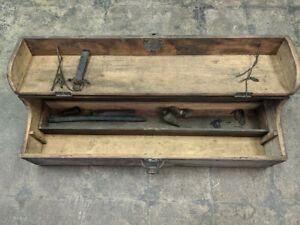 L K Antique Primitive Wooden Tool Box W Latch Tray Plum 34 5 X 10 X 9 