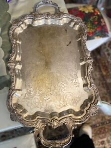 International Silver Silverplate Serving Tray 24x15 Ornate Footed Handles Read 