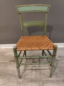 19th Century Green Shaker Chair With Wooden Rush Seat 34in Tall