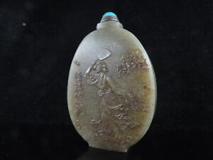 Vintage Nature Chinese Hetian Jade Hand Carved Bird Snuff Bottle E