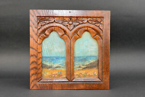 Vintage Hand Carved Wall Plaque With Hand Painted Coastal Scene