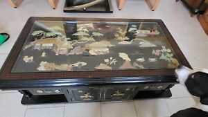Vintage Korean Black Lacquer Mother Of Pearl W Inlay Glass Top Coffee Table