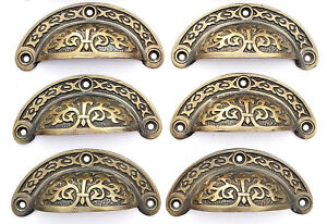 6 Antique Vtg Style Victorian Brass Apothecary Bin Pulls Handles 3 Cntr A5