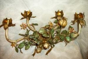 Italian Tole Floral Gilt Pastel Wall Candle Sconce 4 Light Chippy Original 1930s