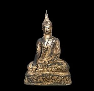 Antique Thai Gilt Bronze Seated Buddha Maditating On Throne Thailand 19th Cent