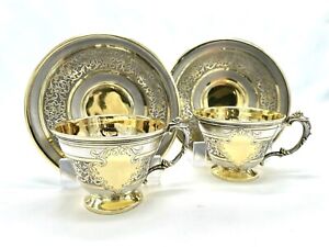 Solid Silver And Gold Inlay Art Nouveau Demitasse Cup And Saucer Pair