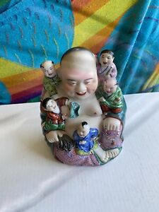 Vintage Chinese Famille Rose Porcelain Laughing Buddha With 5 Children Figurine