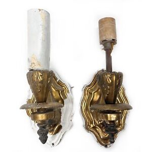 Pair Candelabra Cast Metal And Solid Brass Wall Sconce Light Fixture Art Deco