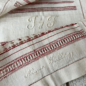 1899 Dated Antique French Linen Sampler Embroidery 19th Century Red White Monog