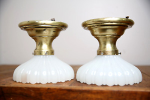 Vtg Brass Pendant Light Antique Fixture Milk Glass Shade Schoolhouse Industrial