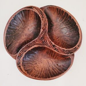 Vintage Walnut Wood Bowl 3 Sections Divided Hand Carved