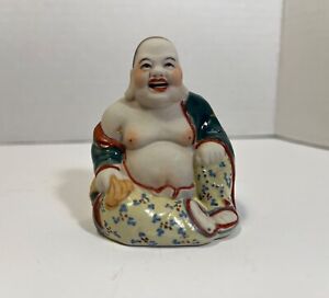Vintage Chinese Famille Rose Porcelain And Bisque Laughing Buddha Mini Figurine