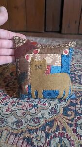 Handmade Primitive Early Style Old Log Cabin Quilt Textile Pillow Tuck W Cat 6 