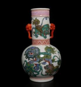 25cm Qianlong Signed Antique Chinese Famille Rose Vase W Lions