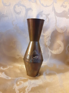 Modernist Japanese Bronze Mixed Metals Mt Fuji Design Vase Signed Japan