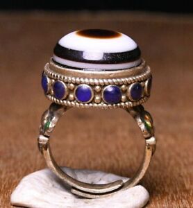 Old Chinese Cloisonne Silver Inlay Agate Dzi Beads 1 Eyes Jewelry Figure Ring