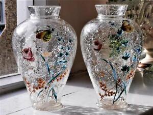 Rare Pair Of Art Nouveau Moser Hand Enamelled Crackle Vases Flowers Butterfly