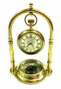 Victorian London Brass Table Top Antique Nautical Decor Clock With Compass