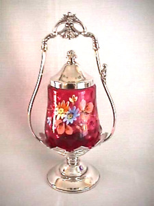 Antique Aurora Silverplate Pickle Castor Enameled Hand Painted Cranberry Jar Lid