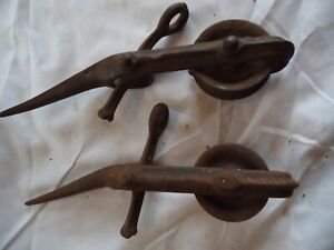 Antique 1800s Cast Iron Barn Farm Pulleys W Spike Rope Guide Repurpose