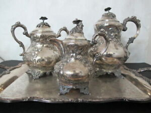 C 1860 Salisbury Repousse Coin Silver 3pc Tea Set With Silver On Copper Tray