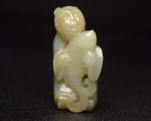 Chinese Antique Ming Dynasty Hetian Ancient Jade Carved Baby Fish Jade Statues