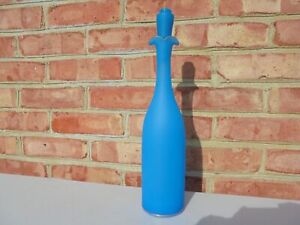Antique Vintage French Blue Opaline Glass Tall Decanter Bottle Gold Trim 13 5 8 
