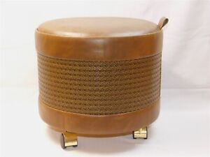 Vtg Mid Century Faux Leather Rattan Brown Ottoman Cream With Storage Footstool
