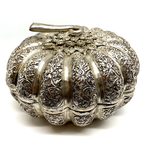 Antique Betel Nut Melon Box Southeast Asian Repousse Metal Silver Tone
