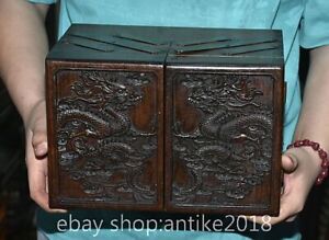 11 2 Rare Old Chinese Ebony Wood Carved Dynasty Palace Dragon Mechanism Box