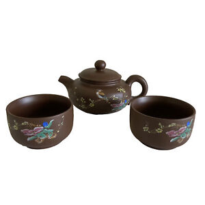 Asian Yixing Zisha Purple Clay Small Teapot And Cups Set Bird Floral Design