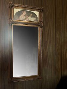 Vintage Trumeau Giltwood Mirror With Panel Woman Musician Rectangle Vertical