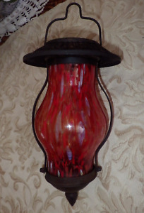 Antique Victorian Marbled Slag Art Glass Hanging Lantern Candle Wrought Iron